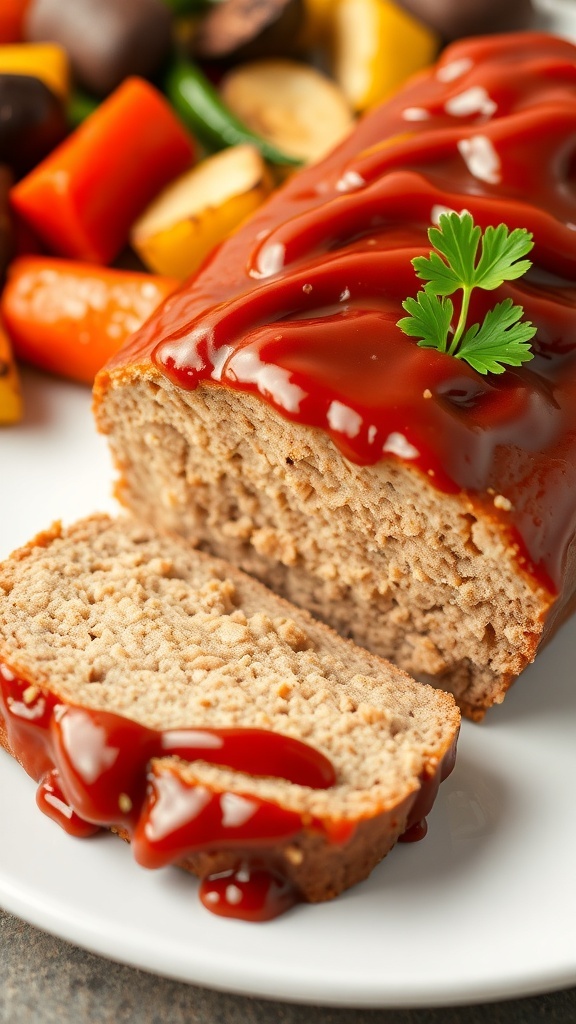 Slice of low carb turkey meatloaf garnished with parsley, served with roasted vegetables.